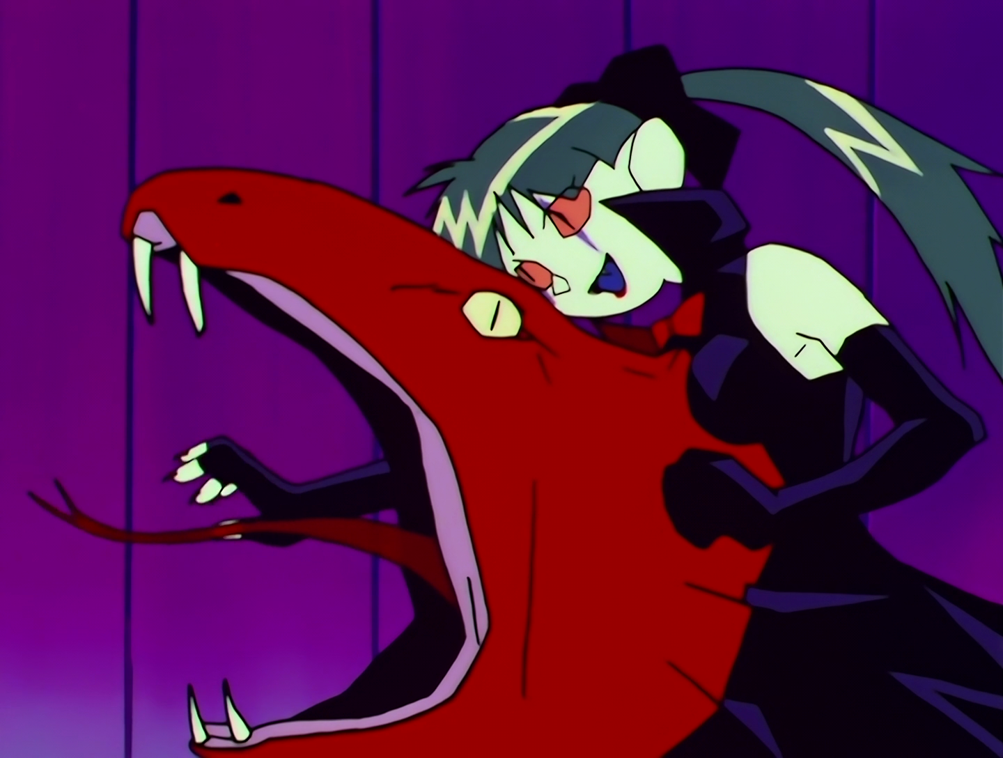 It’s GaraGara Musume again, but now a giant red snake head has emerged from her torso. You’d think this would be distressing for her, but no, she seems quite fond of it.